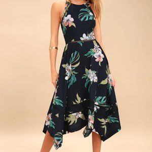 Lulu’s You and Lanai Navy Blue Tropical Halter Midi Dress XS